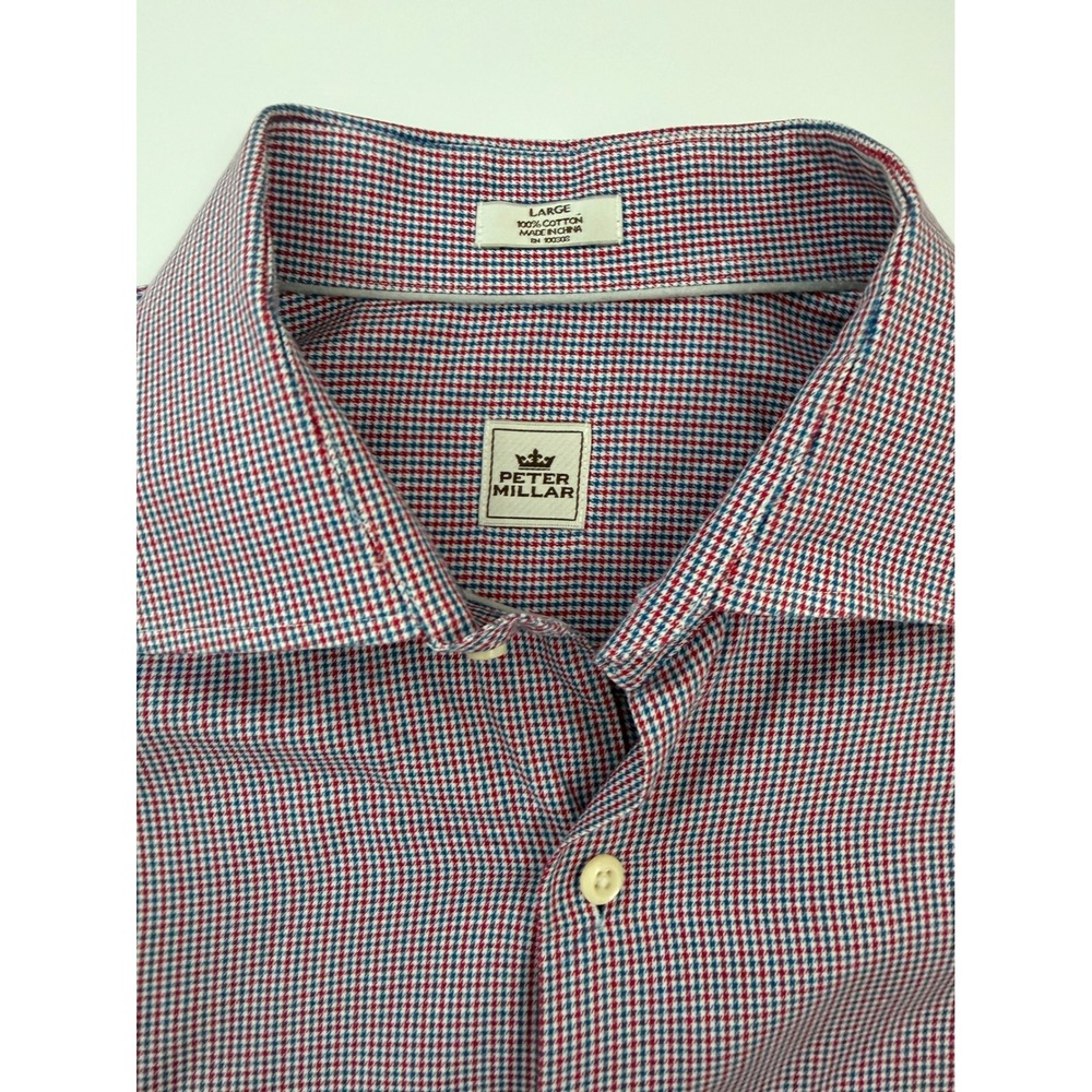Peter Millar Mens Large Red Blue Micro Check Cotton Button Down Dress Shirt L - Picture 2 of 4